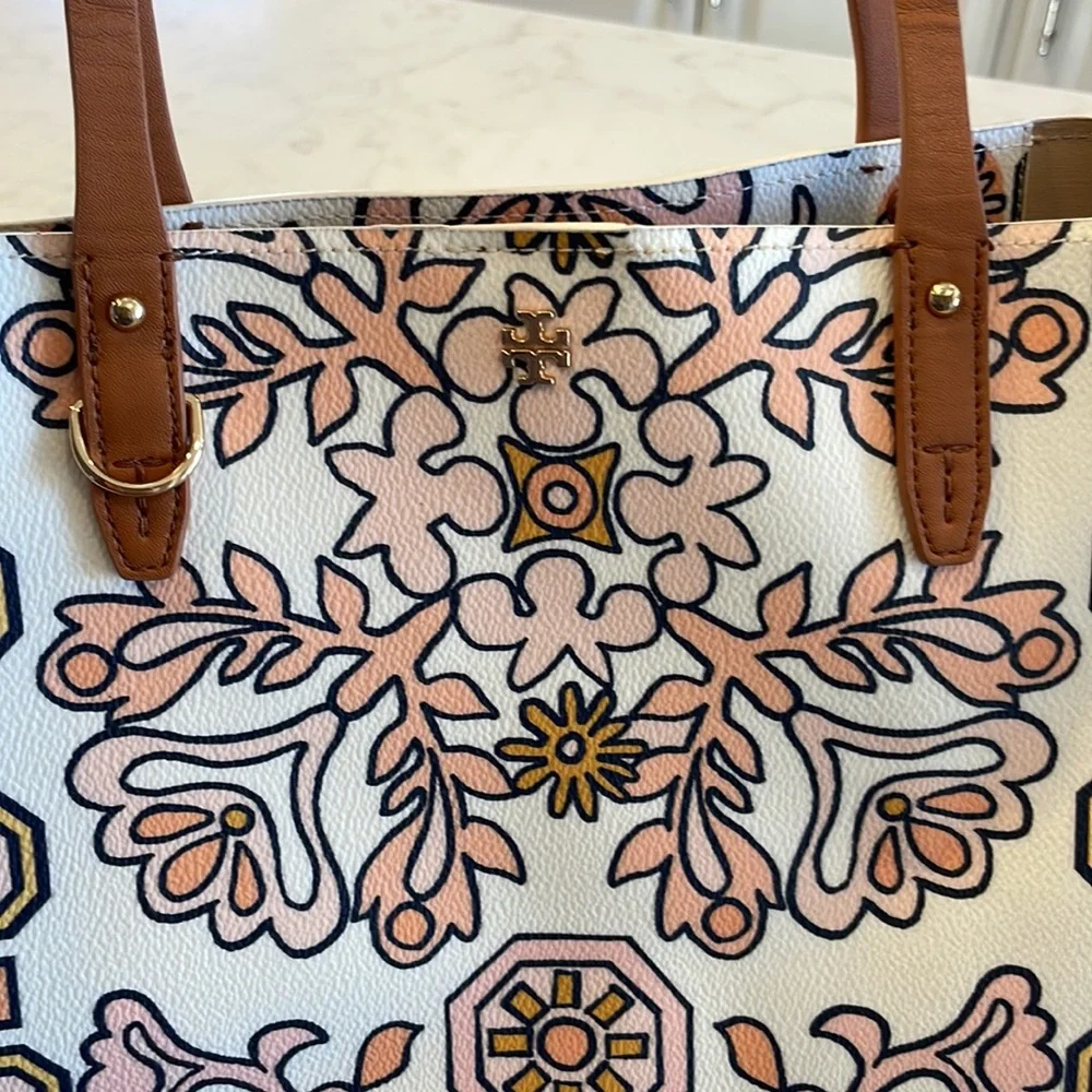 Tory Burch White, Tan & Yellow Printed Tote